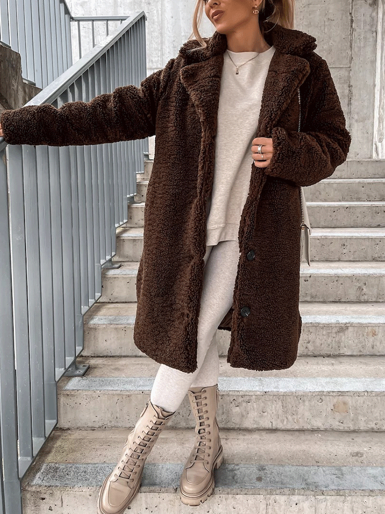 Solid Lapel Teddy Fur Long Coat Khaki / 4XL