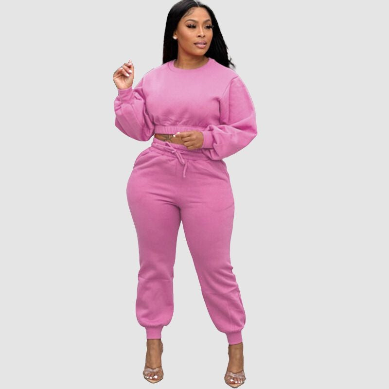 Crew Neck Crop Top & Drawstring Pant Set Rose / 2XL