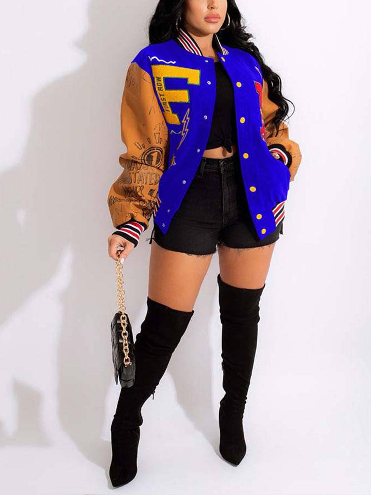 Printed Color Block Baseball Jacket Green / XL