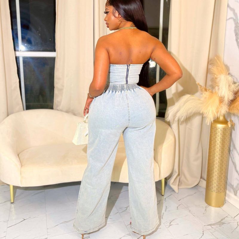 Denim Strapless Crop Top & Long Pant Set Blue / L