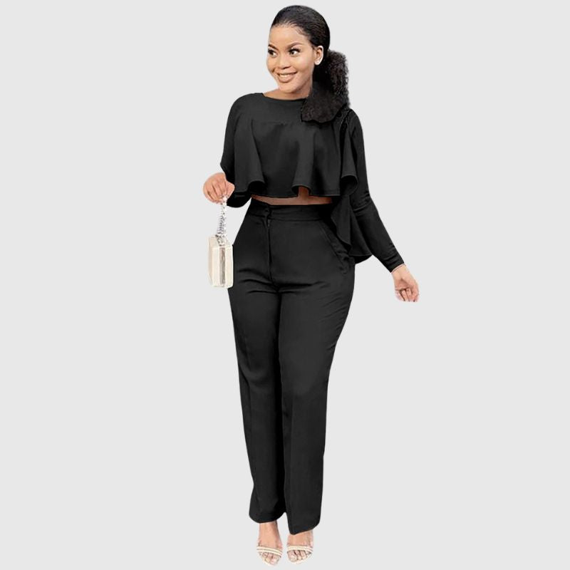 Ruffle Top & Straight Leg Pants set Blue / L