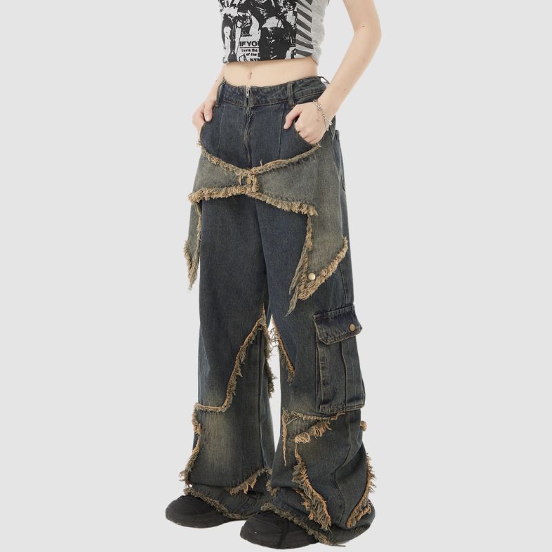 Star Pattern Frayed Patchwork Jeans Blue / 2XL