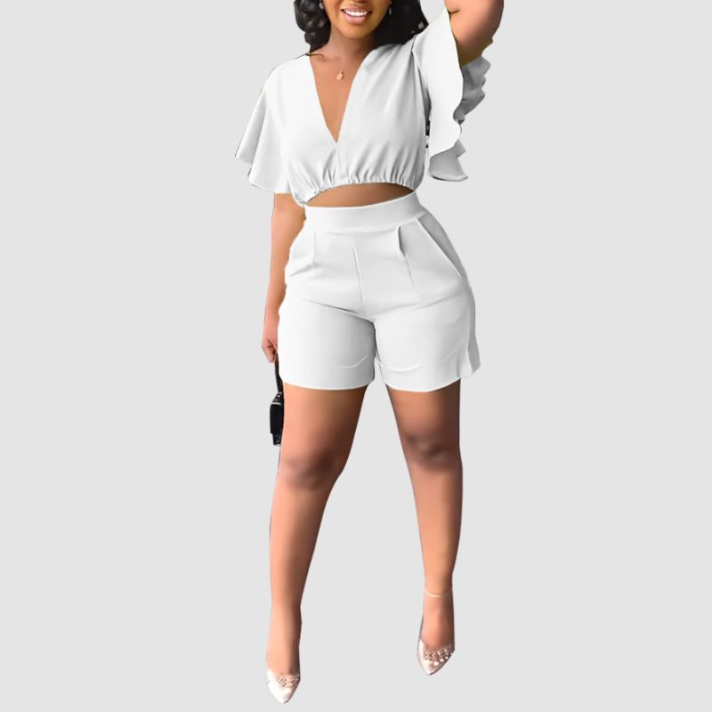 Ruffled V-neck Crop Top & Short Pants Set Black / L