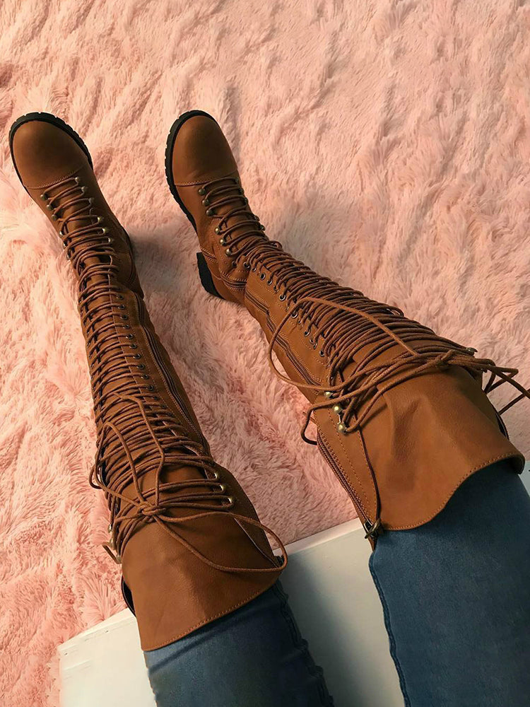 Lace Up Leather Over The Knee Boots Brown / 6