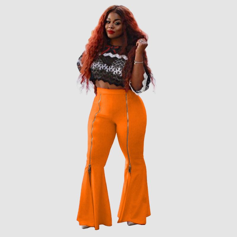 High Waist Bodycon Zip Decor Flared Pants Grey / L