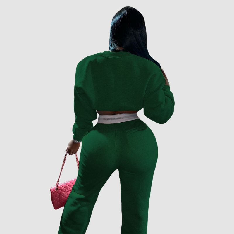 Zipper Sweatshirt & Wide Leg Pant Set Green / L