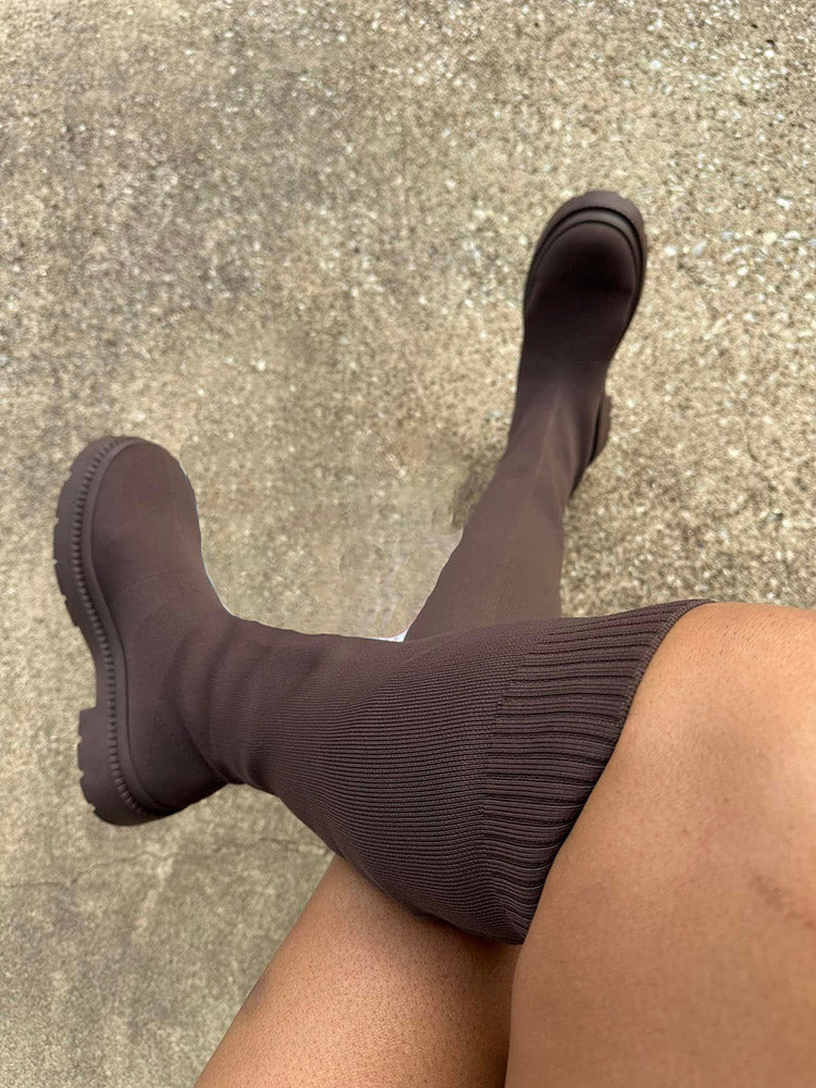 Knitted Flat Heel Sock Boots Brown / 5/5.5