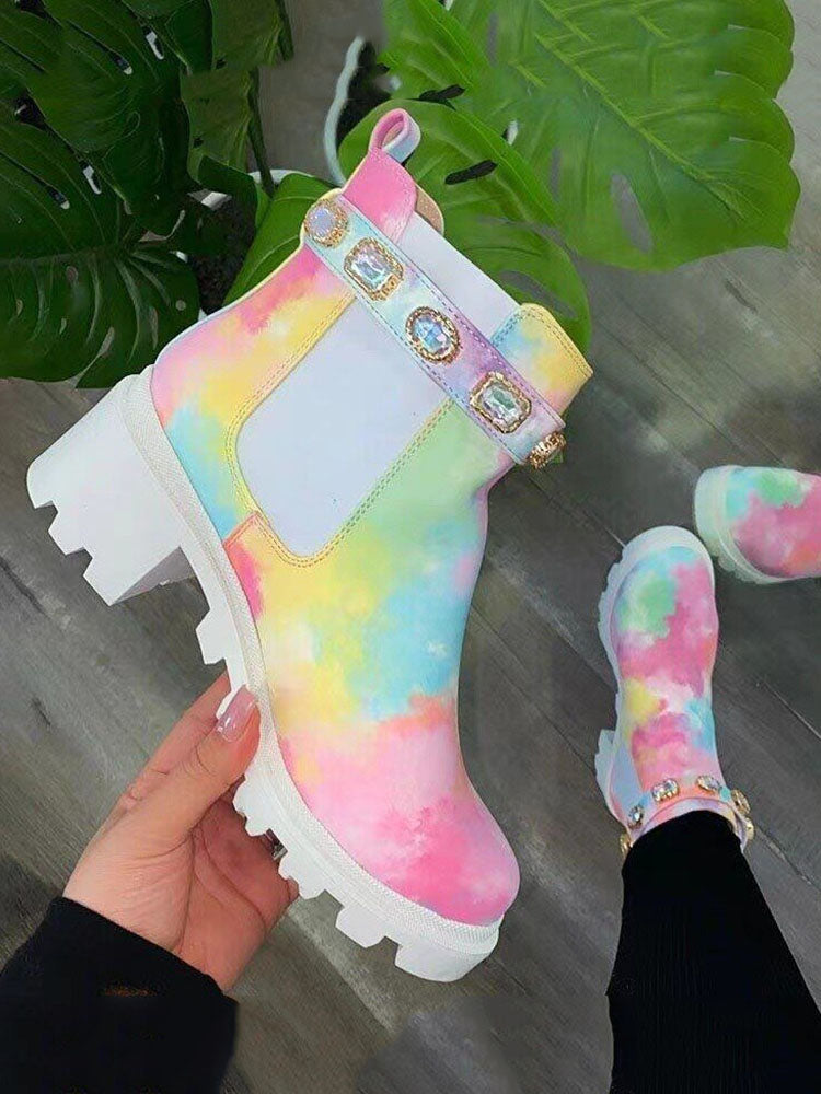 Tie Dye Rhinestone Decor Ankle Boots Multicolor / 5/5.5