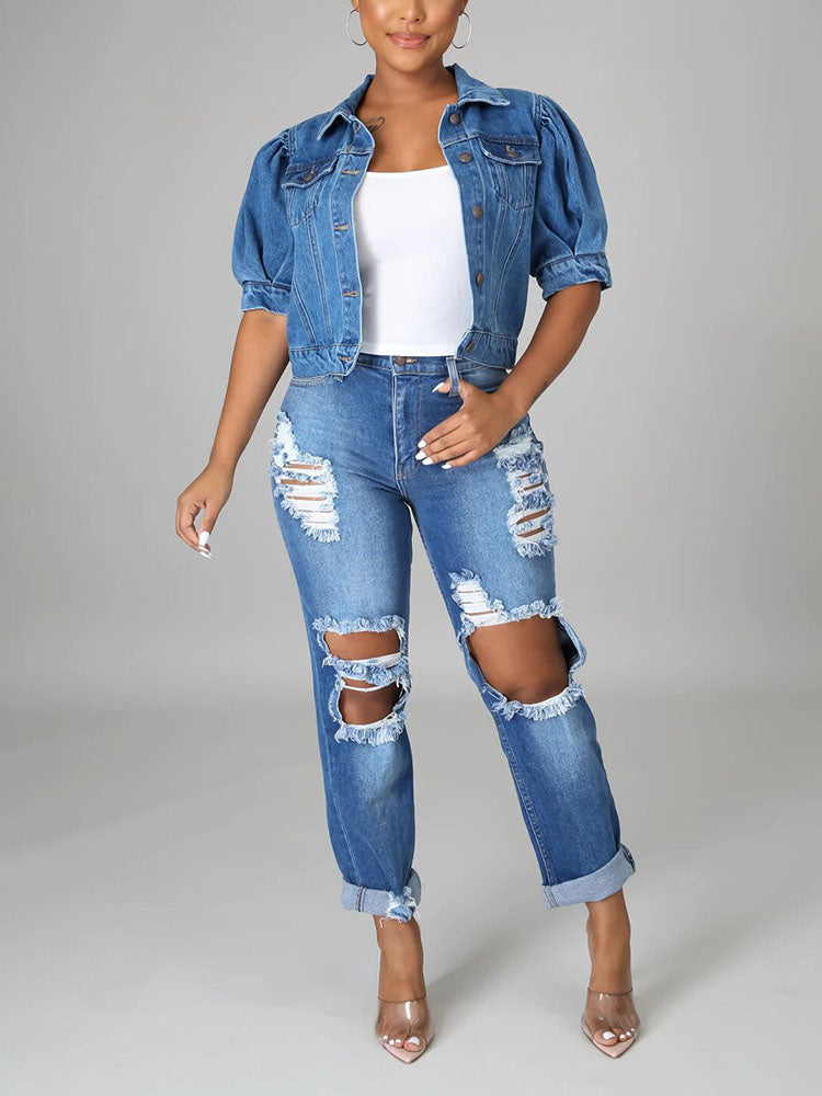 Puff Short Sleeve Denim Jacket Dark Blue / M
