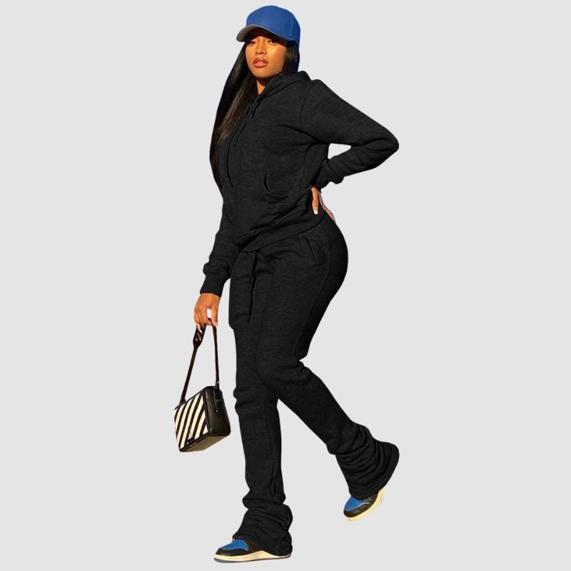 Solid Color Hoodies & Piled Pant Set Pink / L
