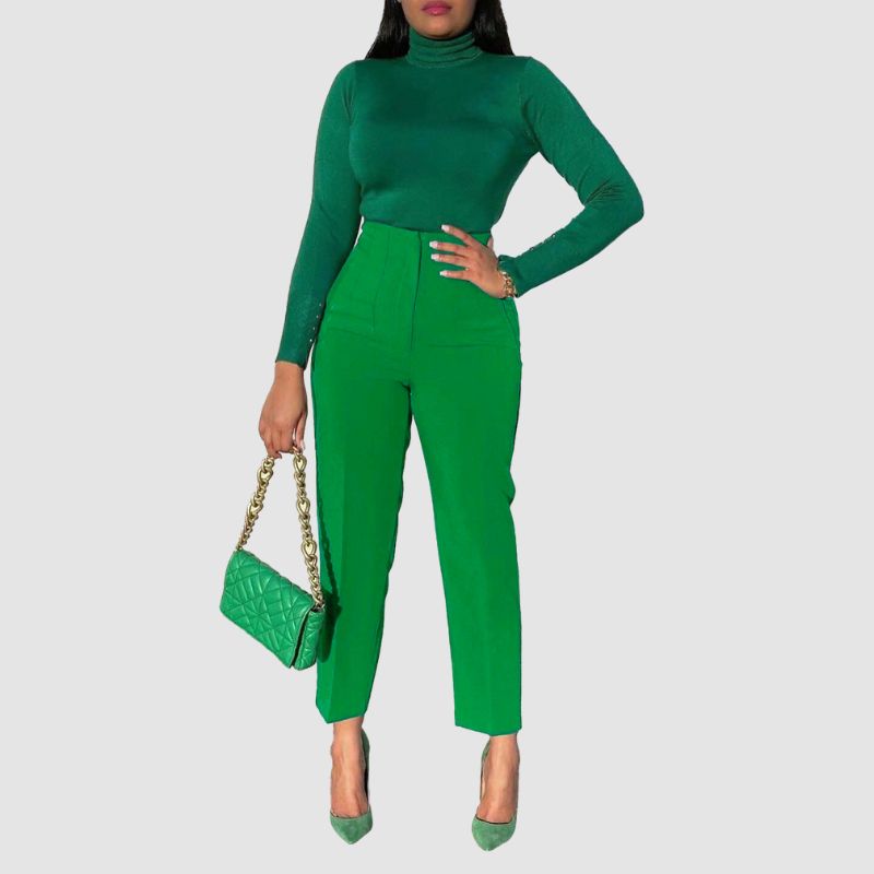 High-Waisted Solid Color Trousers Black / L