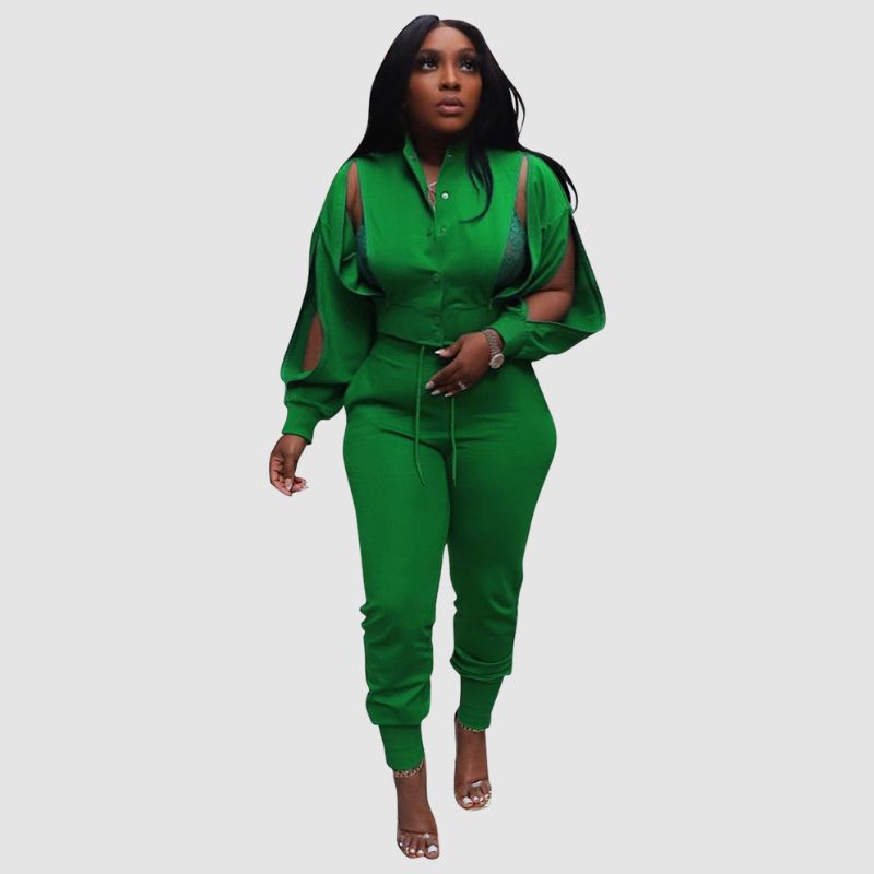 Lapel Hollow Out Top & Drawstring Pant set Green / L