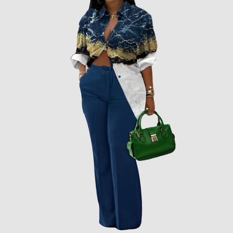 Printed Shirts & Wide Leg Pant Set Blue / L