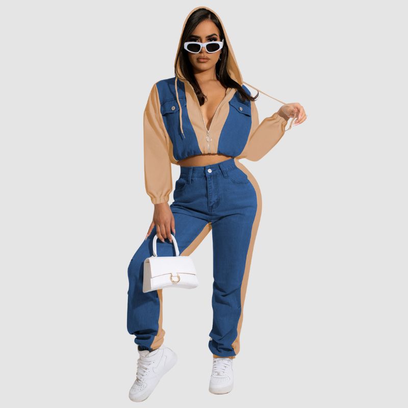 Denim Patchwork Hooded Jacket Set White / L