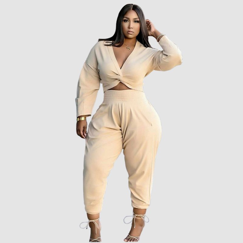 Twisted V-neck Crop Top & High Waist Pant Set Grey / L