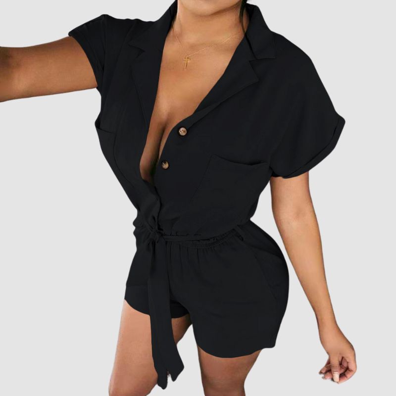 Simple Lapel Tie Up Romper Khaki / L