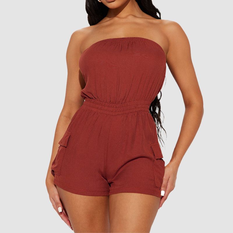 Off Shoulder Tube Top Cargo Romper Green / L
