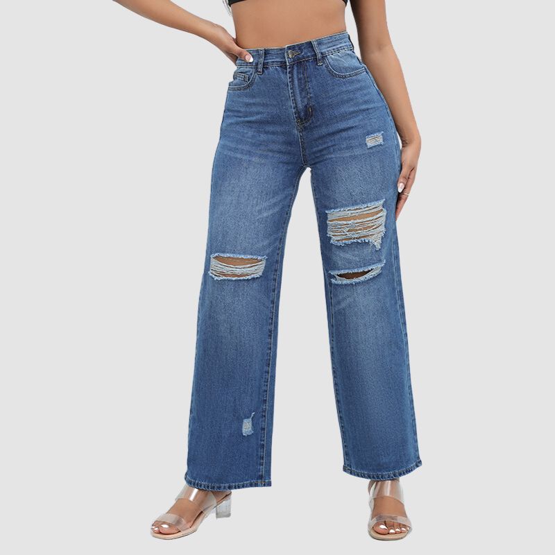 High Waist Ripped Wide Leg Jeans Dark Blue / M