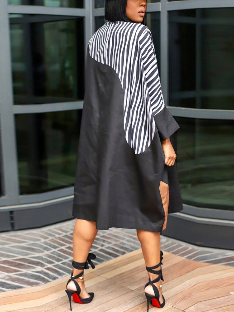 Colorblock Turndown Collar Shirt Dress Black / XL