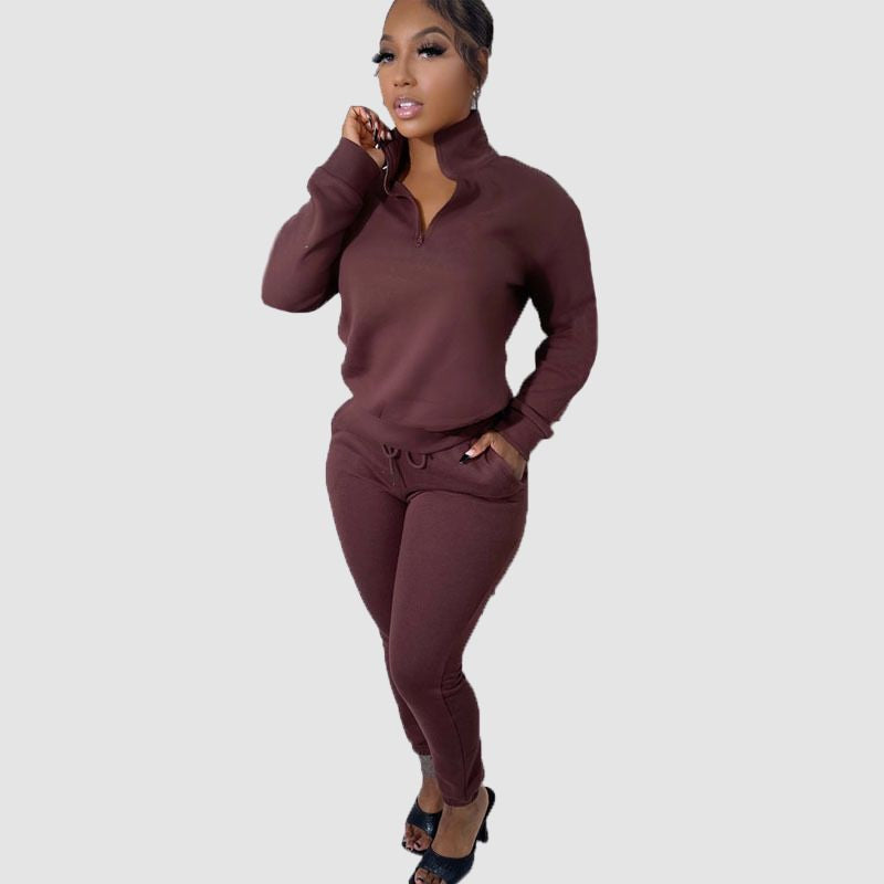 Zipper Sweatshirt & Drawstring Waist Pants Set Purple / L