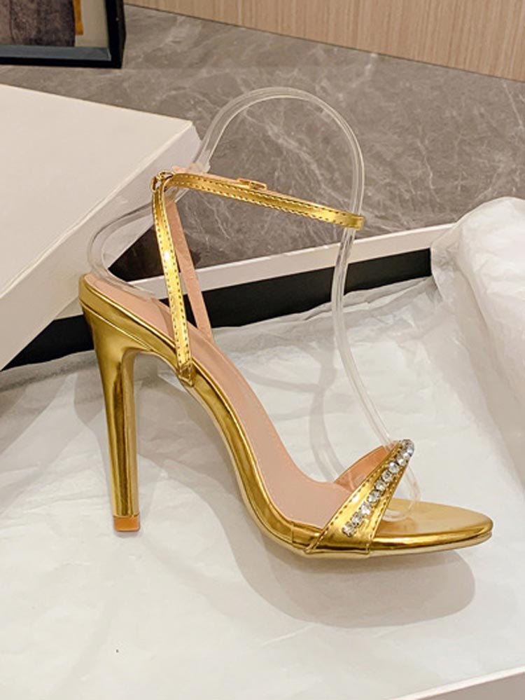 Rhinestone Ankle Strap Heels Gold / 9/9.5
