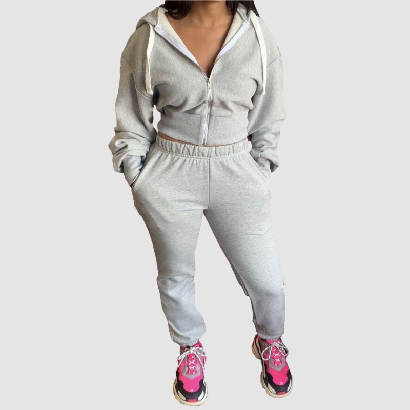 Solid Color Zip Hoodies Pant Set Pink / L