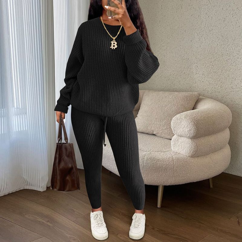 Solid Color Knit Pullover & Pants Set Khaki / M