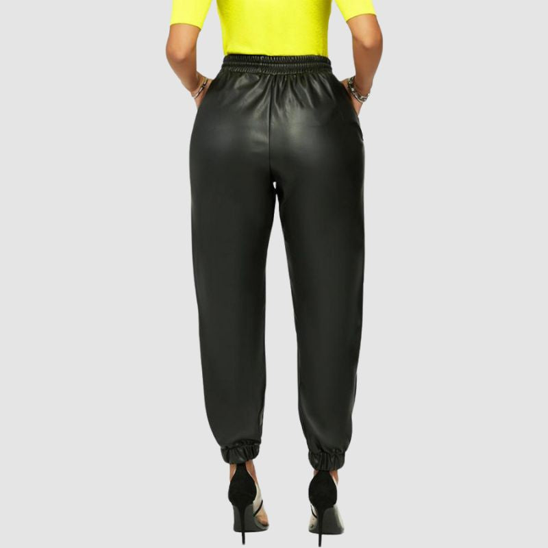 Solid Color Drawstring PU Pants Black / L