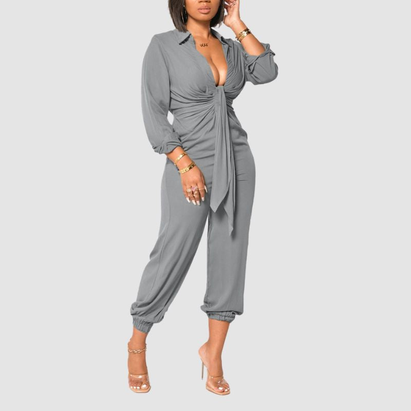 V Neck Tie UP Jumpsuits Black / L