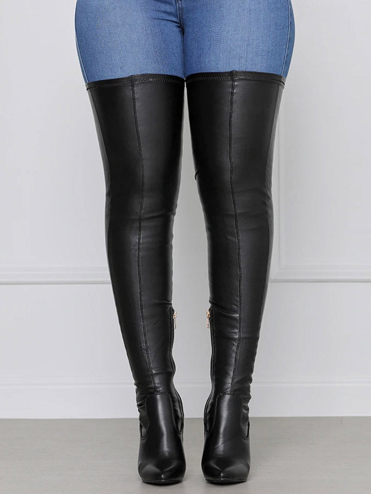 PU Leather Flat Over Knee Boots Chunky Heel / 9/9.5