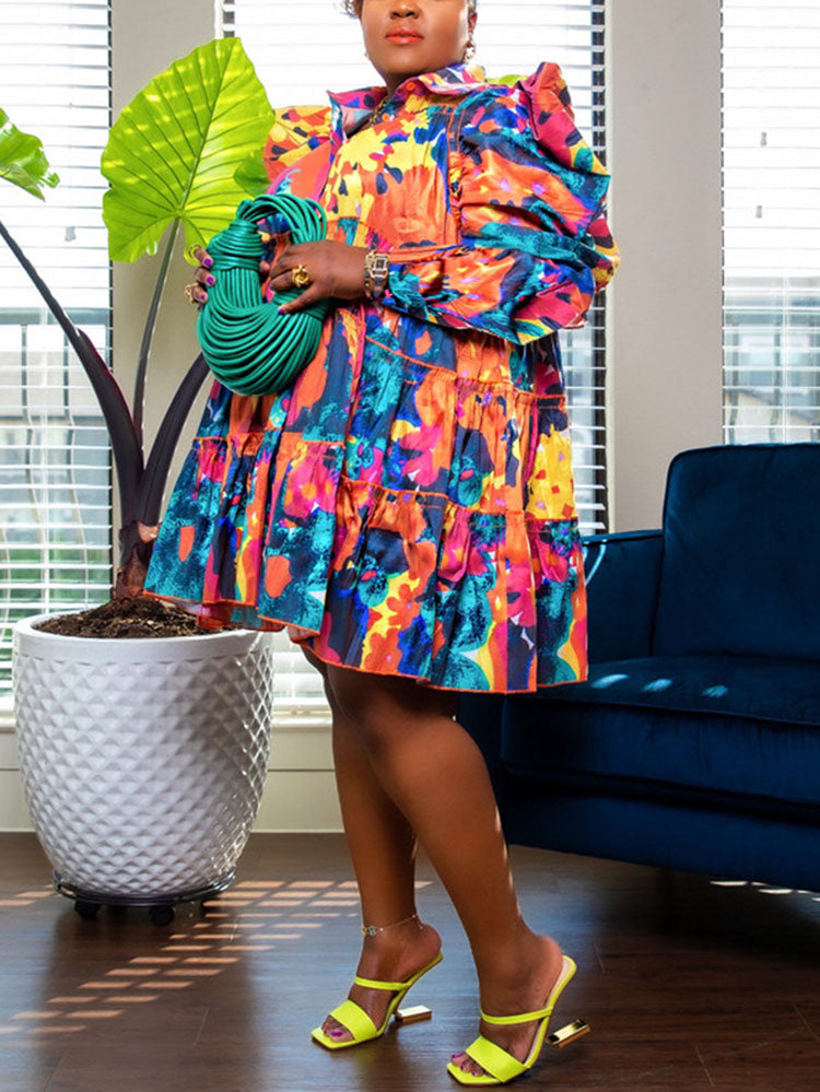 All Over Print Puff Sleeve Shirt Mini Dress Green Orange / 2XL