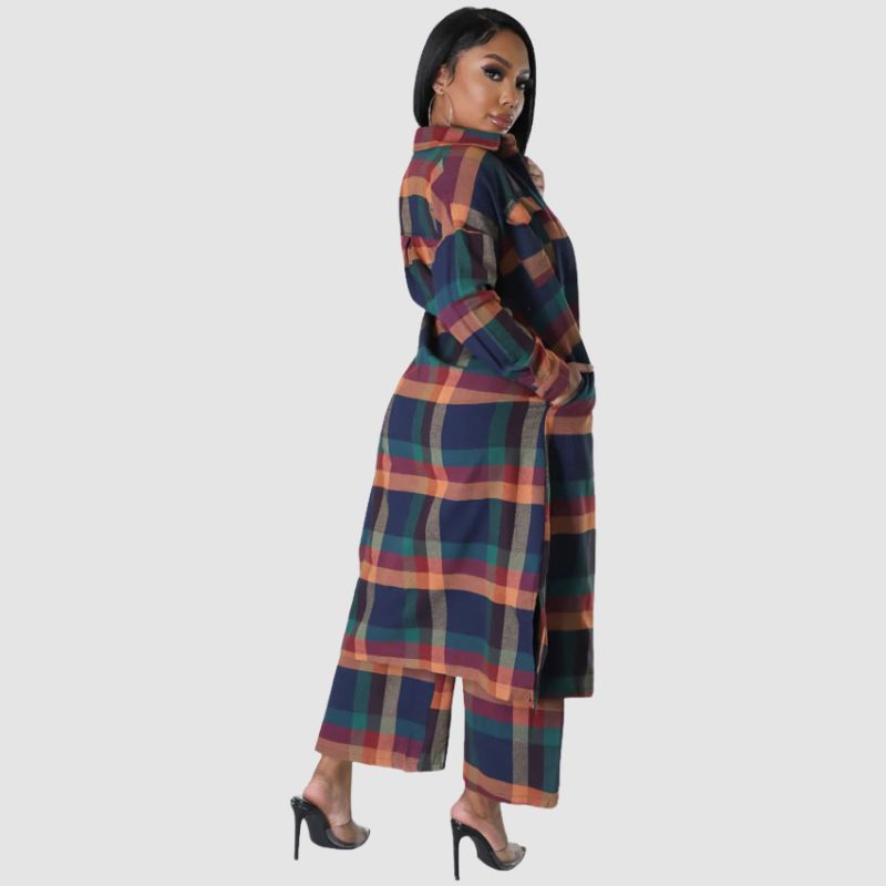 Plaid Shirts Wide Leg Pant Set Blue / L