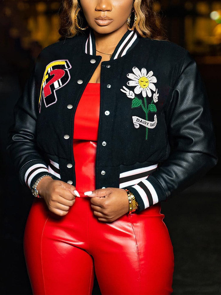 Embroidery Baseball Jacket Black / S