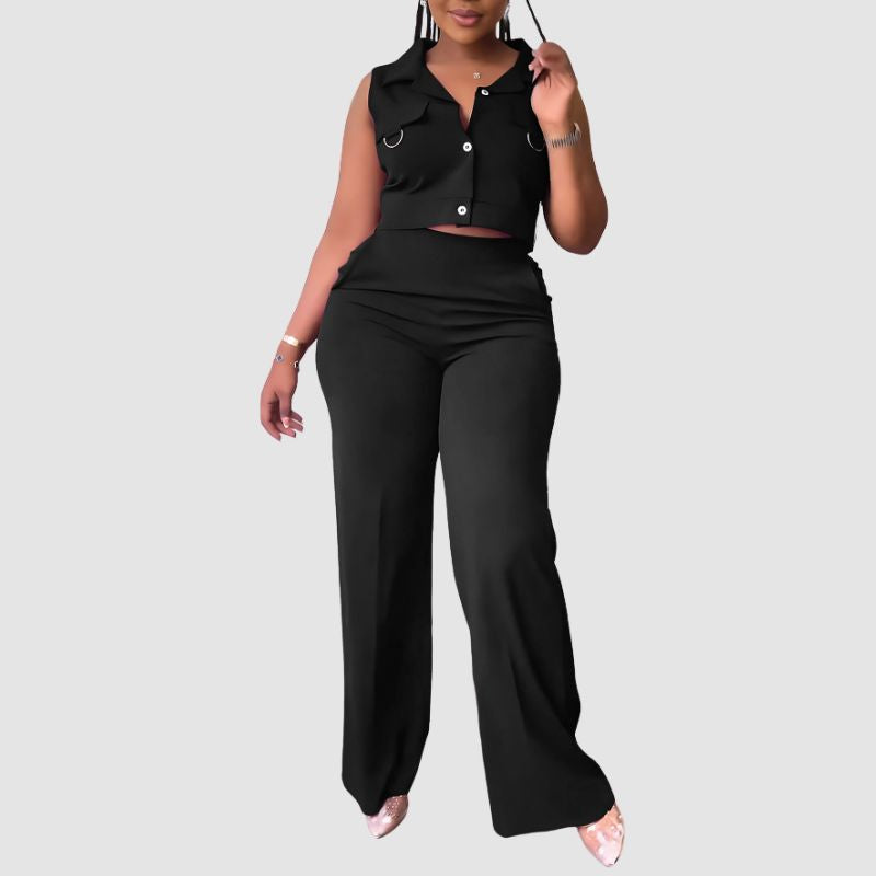 Solid Color Vest & Straight Leg Pants Set Green / L