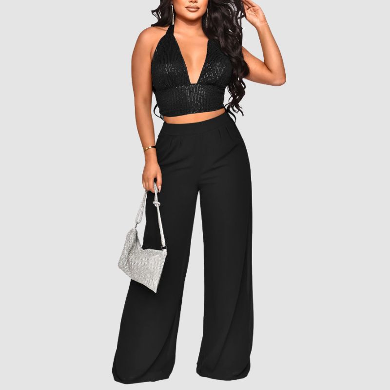 Sequined Halter Vest & High Waisted Straight Pants Set Green / L