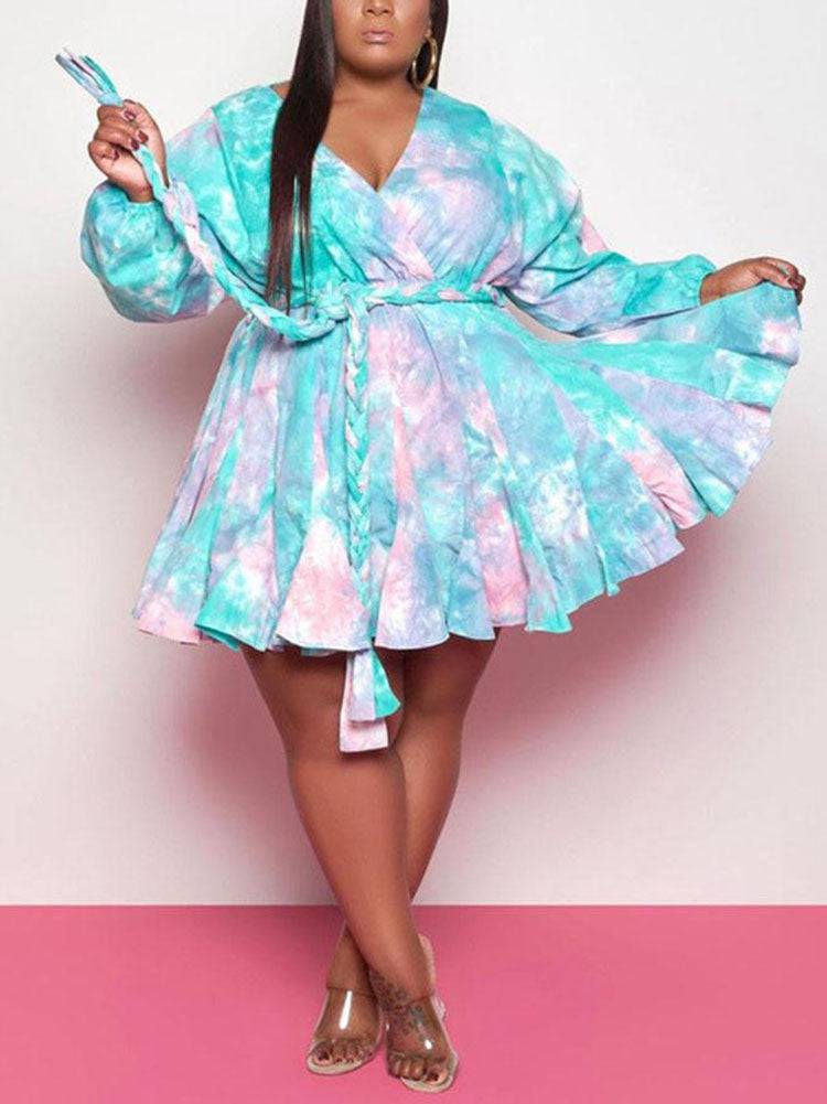 Women's Tie Dye With Belt V Neck Dress Pink / 3XL