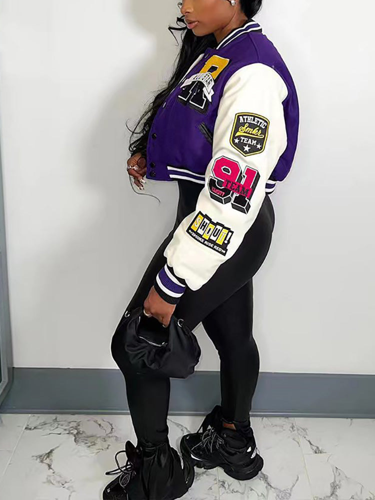 Letter Decor Color Block Jacket Purple / S