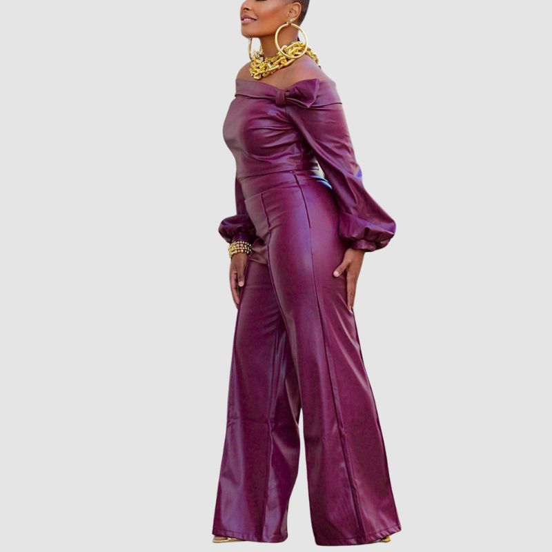 Off Shoulder PU Leather Set Wine / L