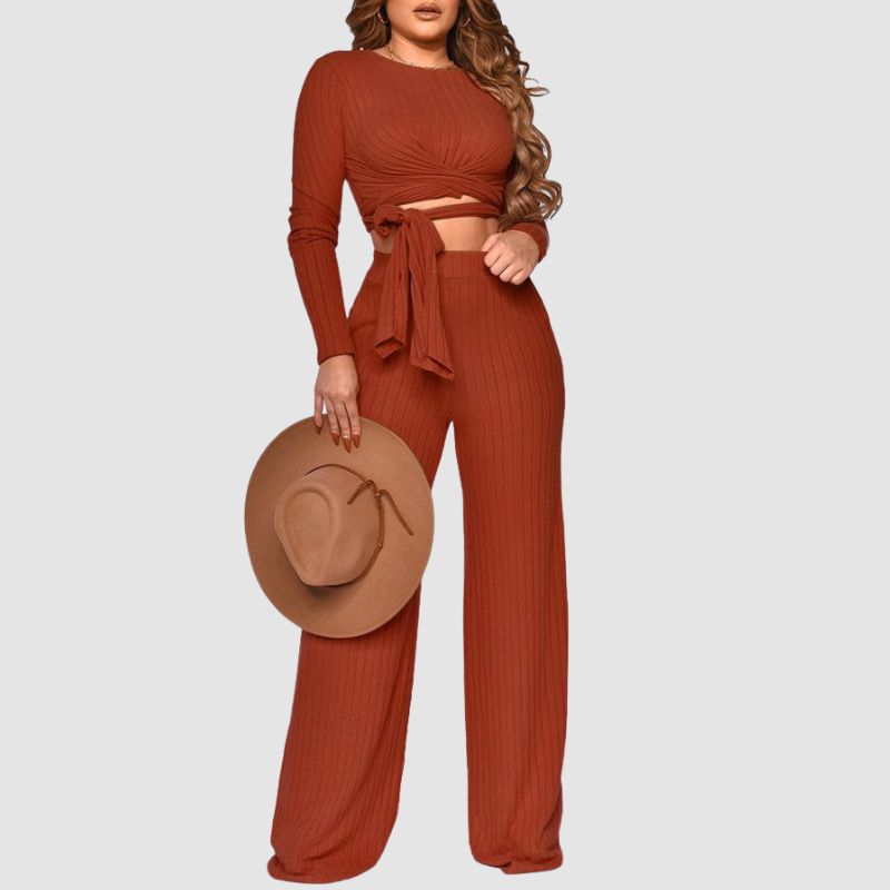 Ribbed Knit Tie-up Top & Wide Leg Pant Set Black / L