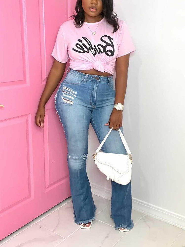 Ripped Stretchy Flared Jeans Blue / L
