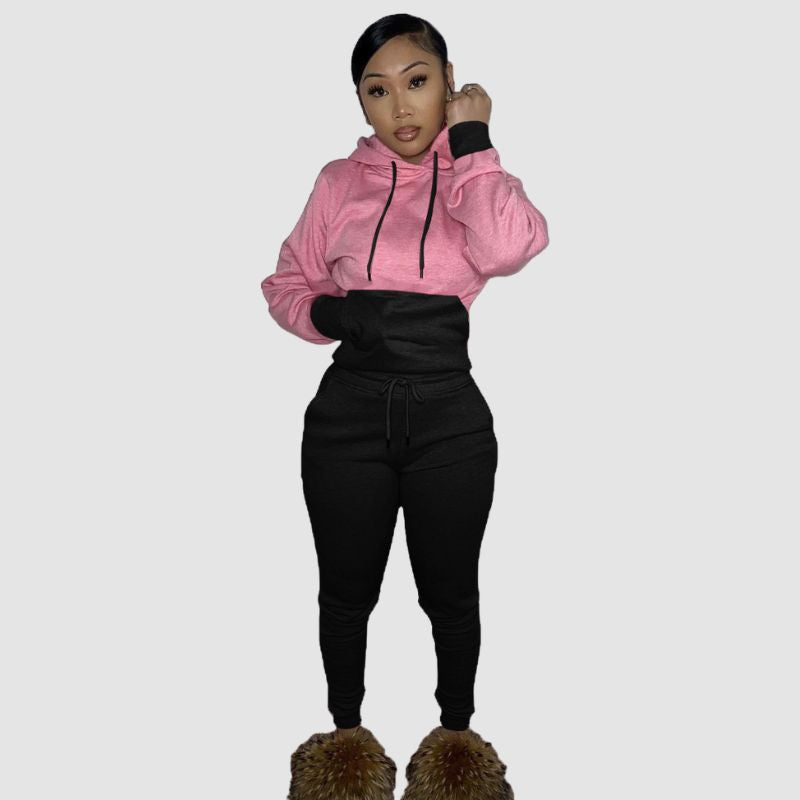Patchwork Hoodies & Solid Color Pant Set Wine / L