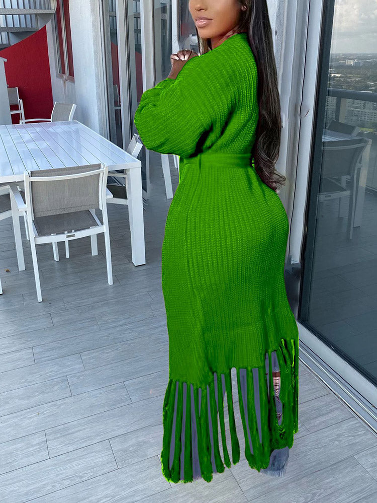 Knit Tassels With Belt Cardigan Green / 2XL