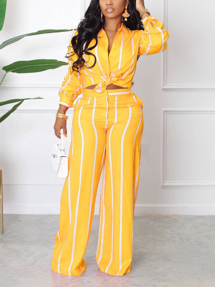 Striped Shirt Wide Pants Set Blue / M