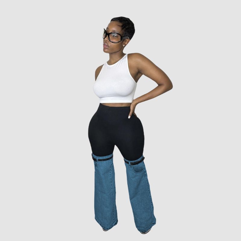 Denim Patchwork Flare Pants Blue / L