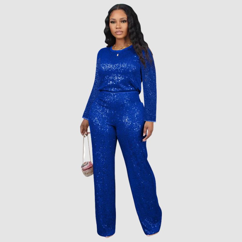 Solid Color Sequin Long Sleeve Set Black / L