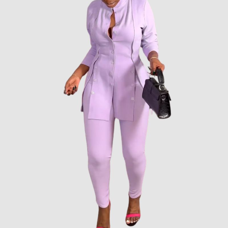 Stand Collar Slit Top & Bodycon Pants set Brown / L