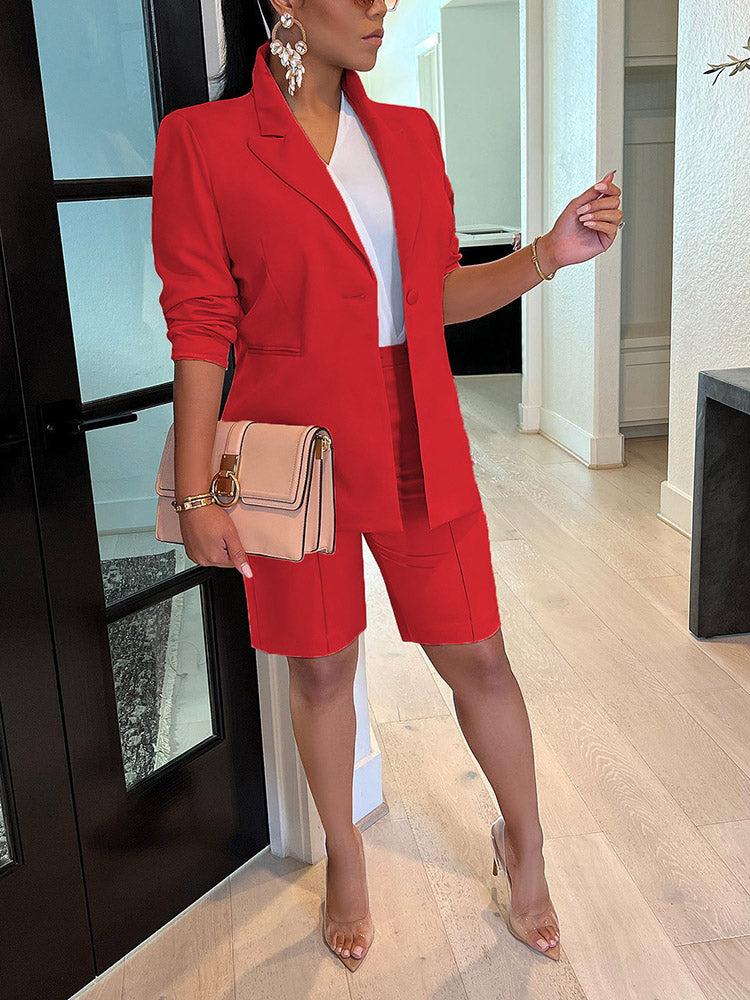 Lapel Collar Blazer Shorts Set Blue / S