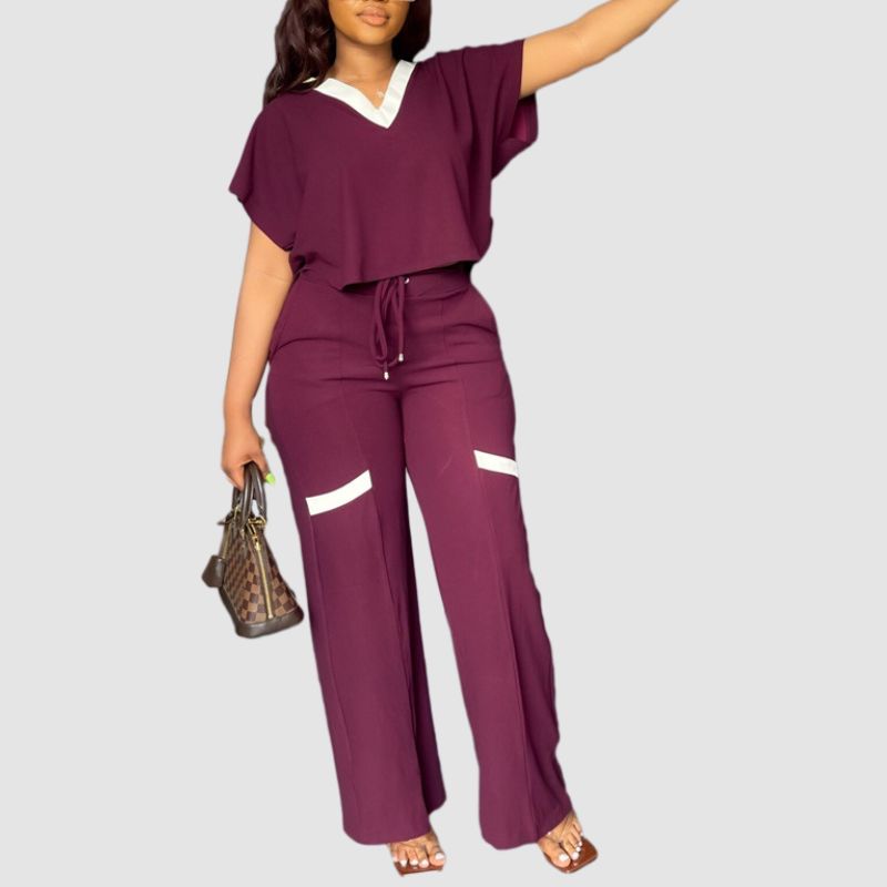 V-neck Color Contrast Tee & Wide Leg Pants Set Black / L