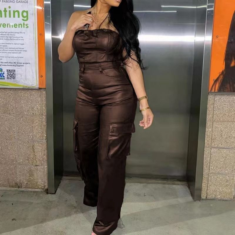 Off-shoulder PU Leather Jumpsuit Black / M
