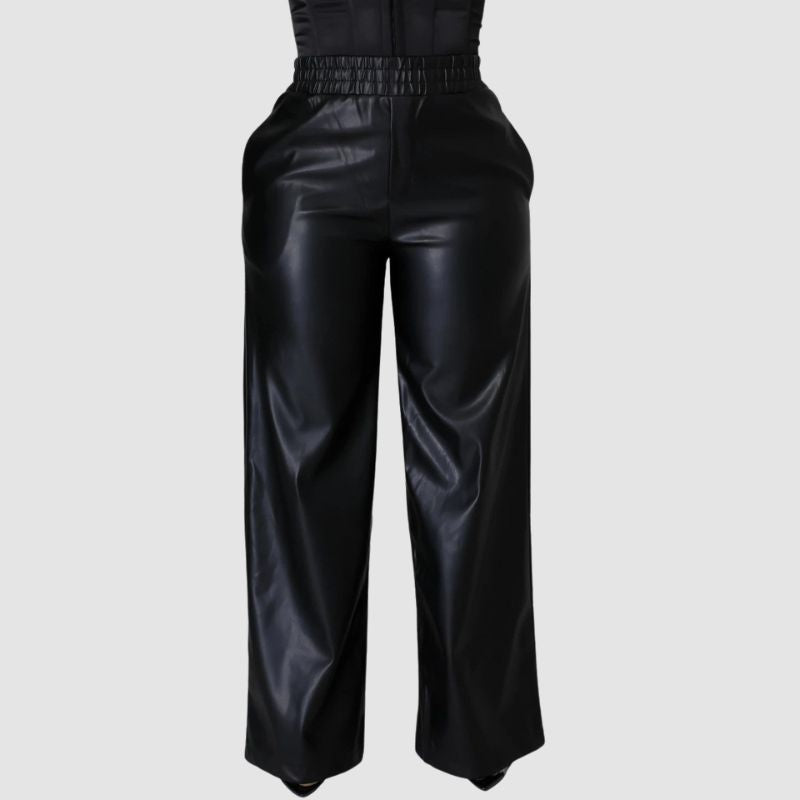 Solid Color Wide Leg PU Leather Pants Brown / 2XL